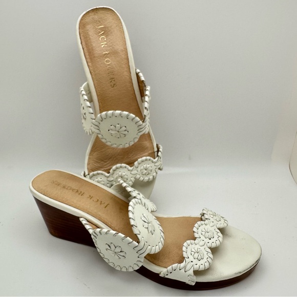 JACK ROGERS 8.5 White Leather Whipstitch Medallion Slide Wedge Sandals Shoes - Picture 3 of 10